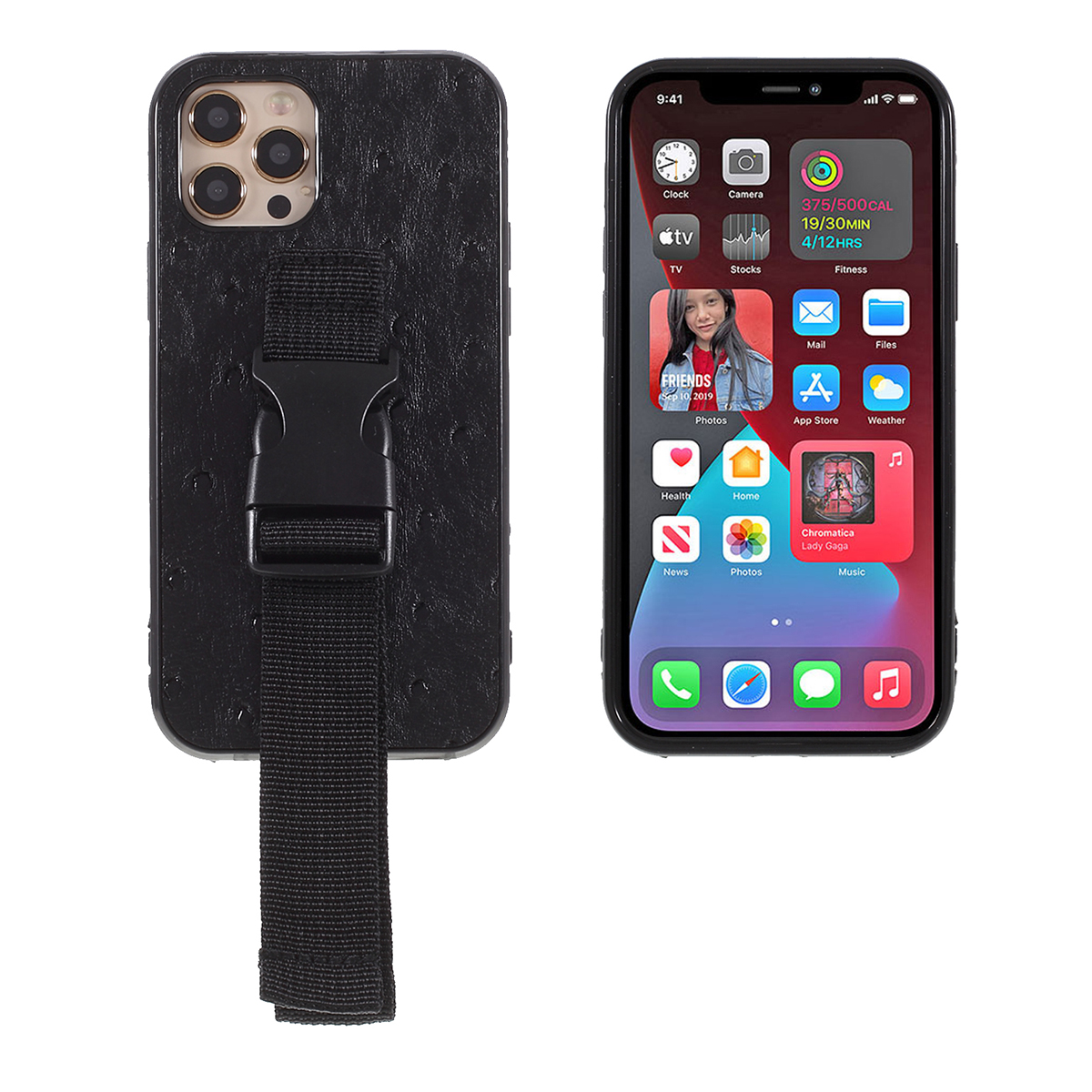 

Water Drop Design Hard PC Phone Cover Case with Shoulder Strap for iPhone 12/12 Pro - Black, iPhone 12