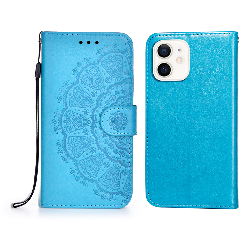 

Imprint Mandala Flower Leather Wallet Cover Case for iPhone 12 mini - Blue, iPhone 12 mini