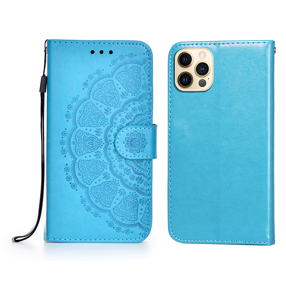 

Imprint Mandala Flower Leather Wallet Cover Case for iPhone 12 Pro Max - Blue, iPhone 12 Pro Max