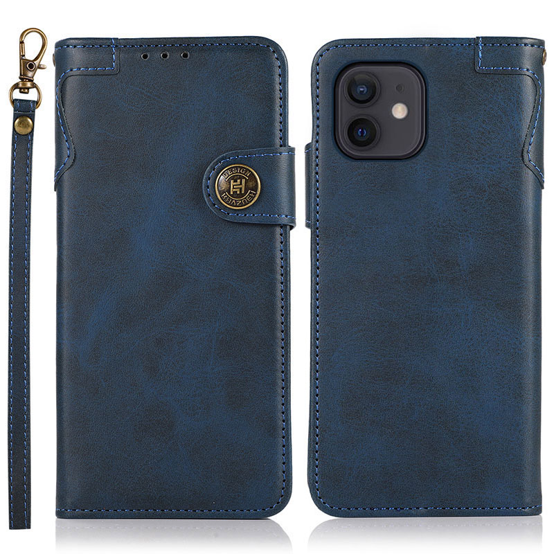 

KHAZNEH Shockproof Leather Case for iPhone 12 mini Wallet Stand Phone Cover with Handy Strap - Blue, iPhone 12 mini