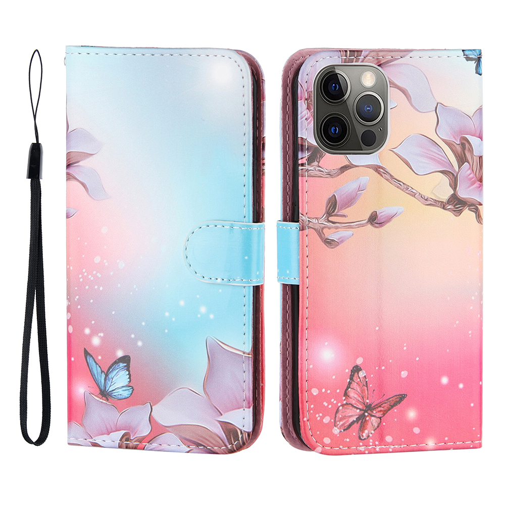 

Pattern Printing PU Leather Full Protection Phone Cover Case with Wallet Stand for iPhone 12/12 Pro - Butterfly and Flower, iPhone 12