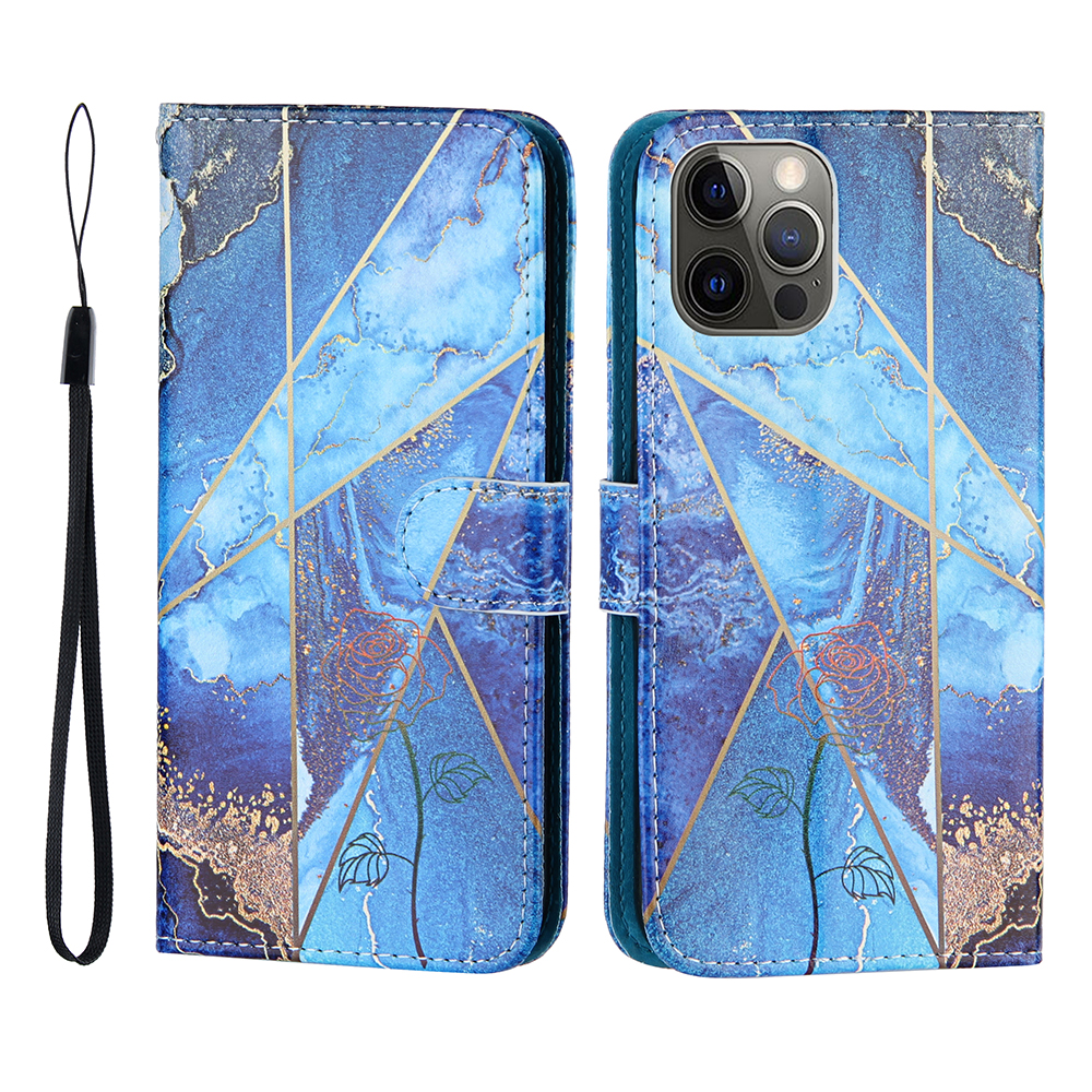 

Pattern Printing PU Leather Full Protection Phone Cover Case with Wallet Stand for iPhone 12/12 Pro - Blue Marble, iPhone 12