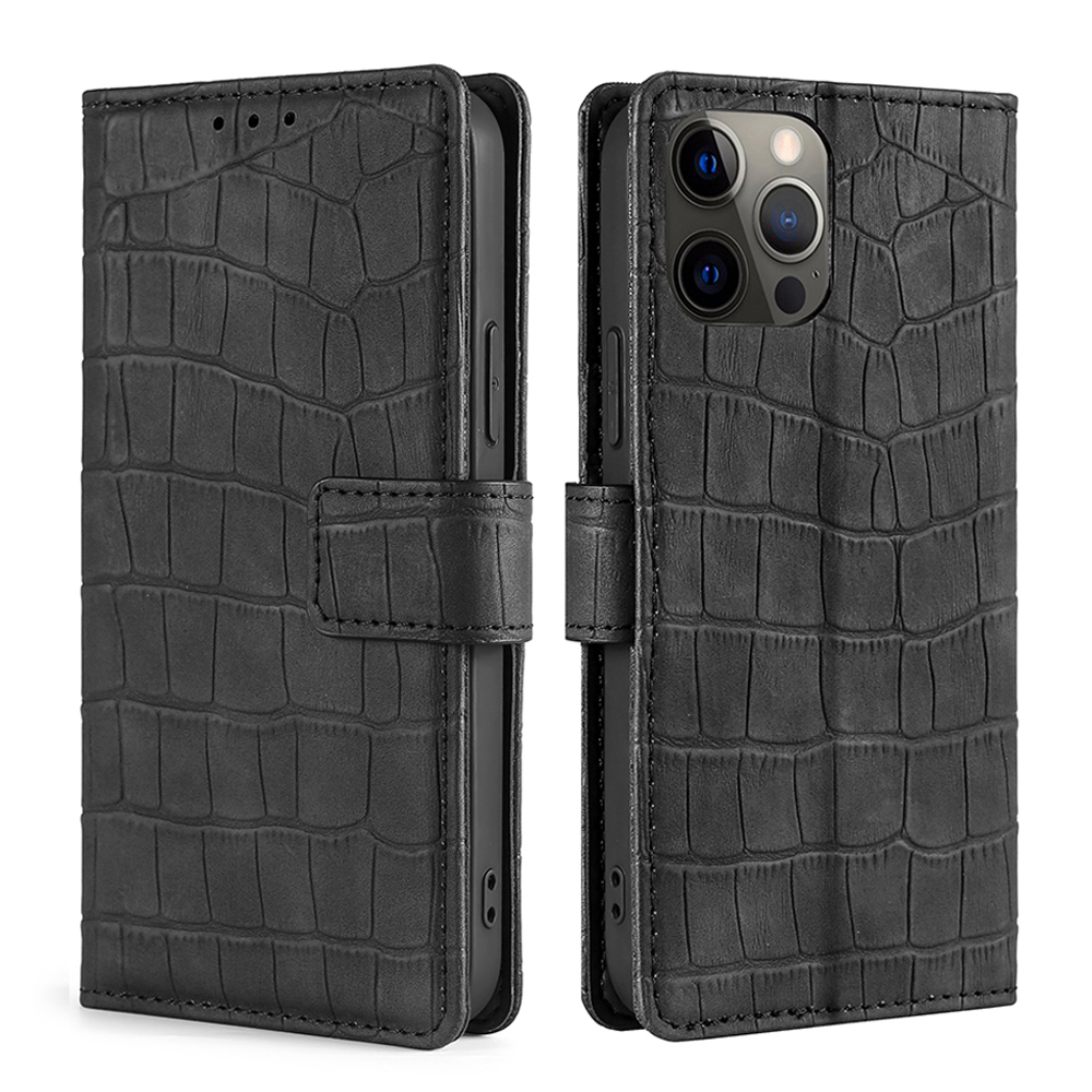 

Quality Leather Crocodile Texture Wallet Stand Phone Case for iPhone 12 Pro Max - Black, iPhone 12 Pro Max