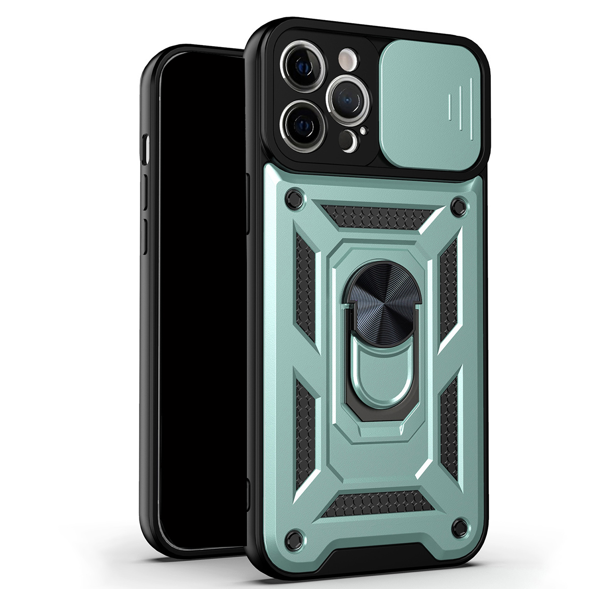 

Camera Push Window Phone Case Cover with Kickstand Ring Holder for iPhone 12 Pro Max - Green, iPhone 12 Pro Max
