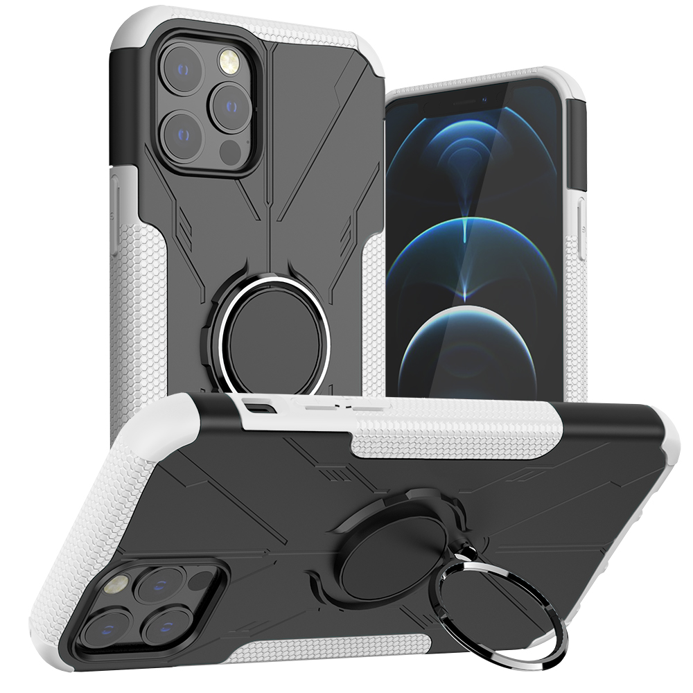 

Quality Shockproof PC + TPU Phone Shell with Ring Kickstand for iPhone 12 Pro Max - White, iPhone 12 Pro Max