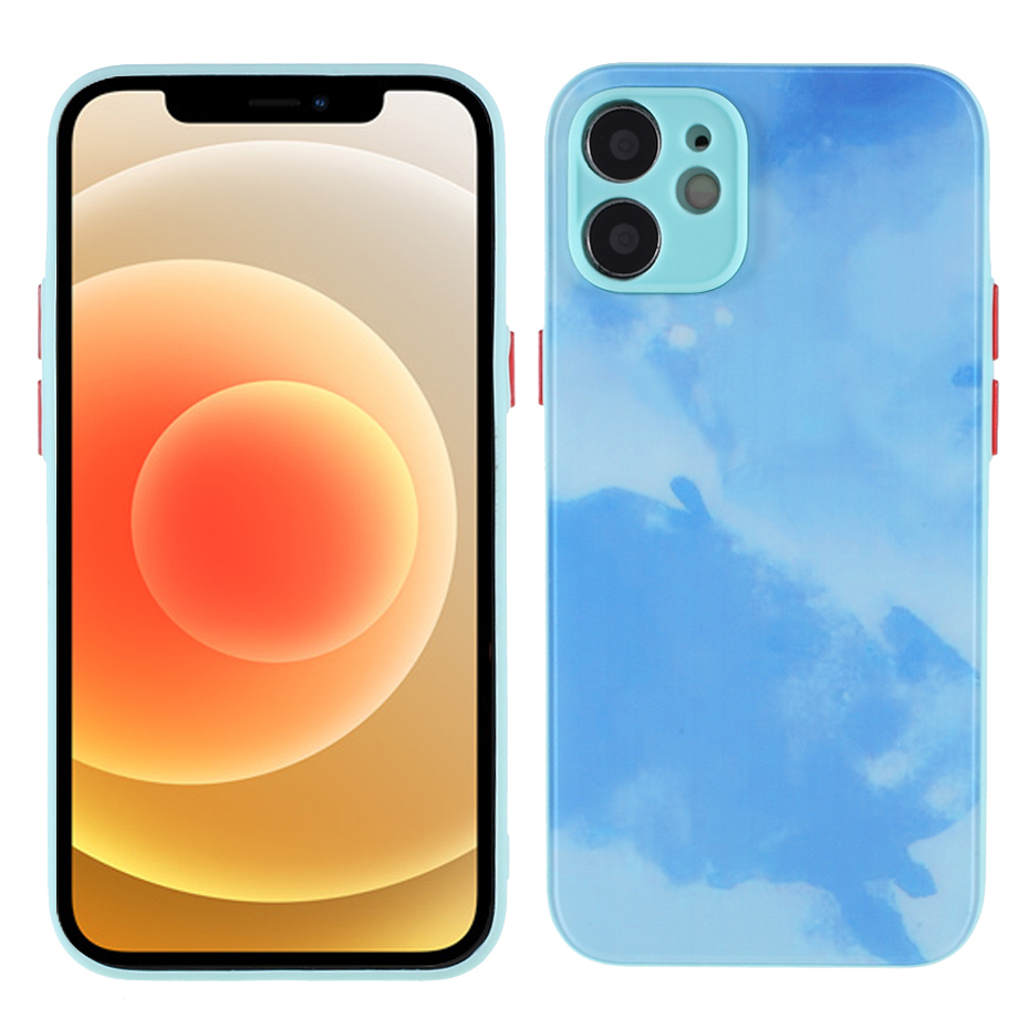 

Tempered Glass Back Panel + TPU Edge Stylish Watercolor Pattern Design Case for iPhone 12 - Sky Blue, iPhone 12