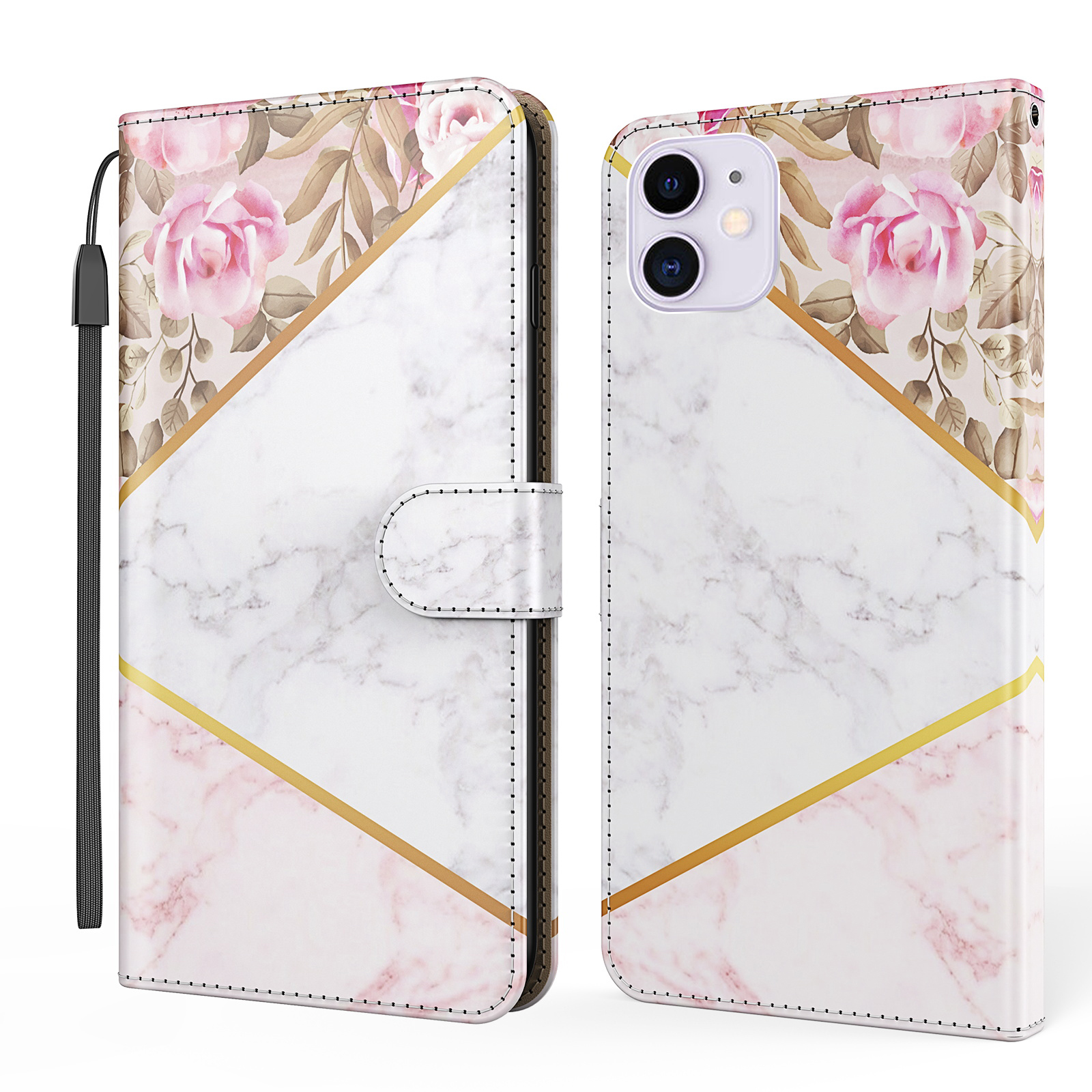 

Marble Pattern Wallet Leather Case for iPhone 12 mini 5.4 inch Flip Stand Phone Cover Accessory - Flower / White, iPhone 12 mini