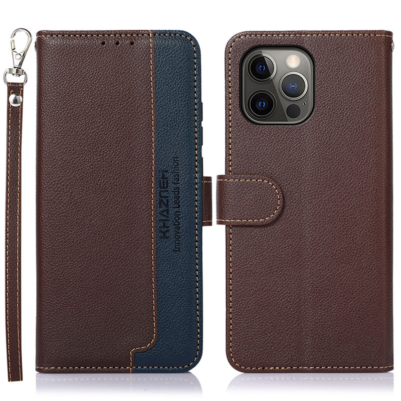 

KHAZNEH Litchi Skin Wallet Stand Design Leather Phone Shell Case with RFID Blocking Anti-theft Swiping Design for iPhone 12 Pro Max - Brown, iPhone 12 Pro Max