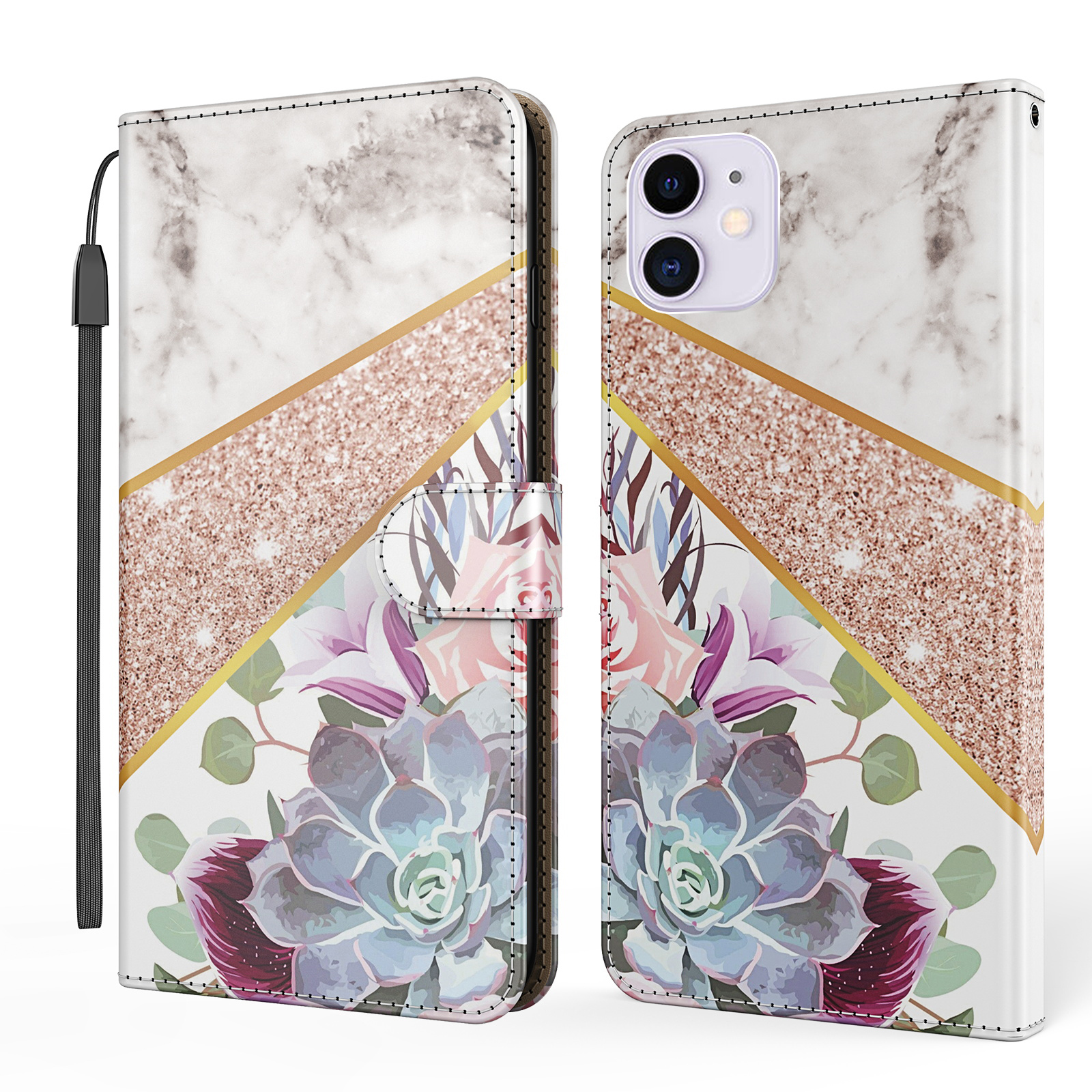 

Marble Pattern Printing Stand Wallet Leather Mobile Phone Cover for iPhone 12 mini 5.4 inch - White / Flower, iPhone 12 mini