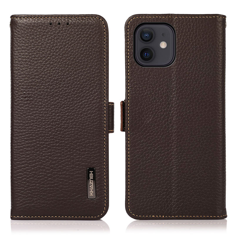 

KHAZNEH RFID Blocking Anti-theft Swiping Litchi Skin Genuine Leather Phone Case with Wallet for iPhone 12 mini - Brown, iPhone 12 mini