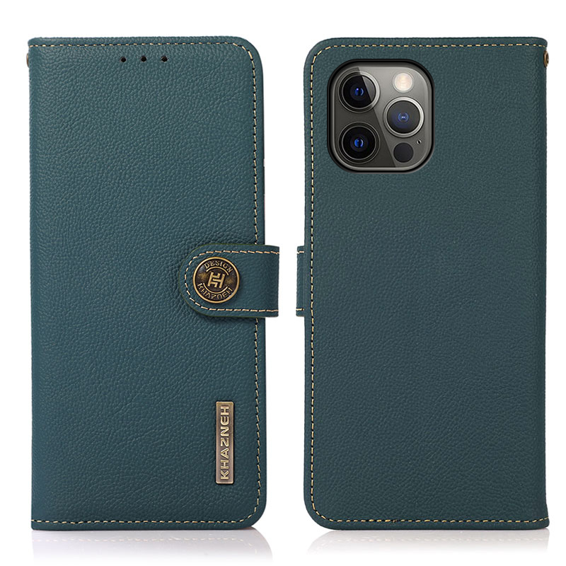 

KHAZNEH Genuine Leather Full Coverage Phone Shell Case with RFID Blocking Anti-theft Swiping Design for iPhone 12/12 Pro - Green, iPhone 12