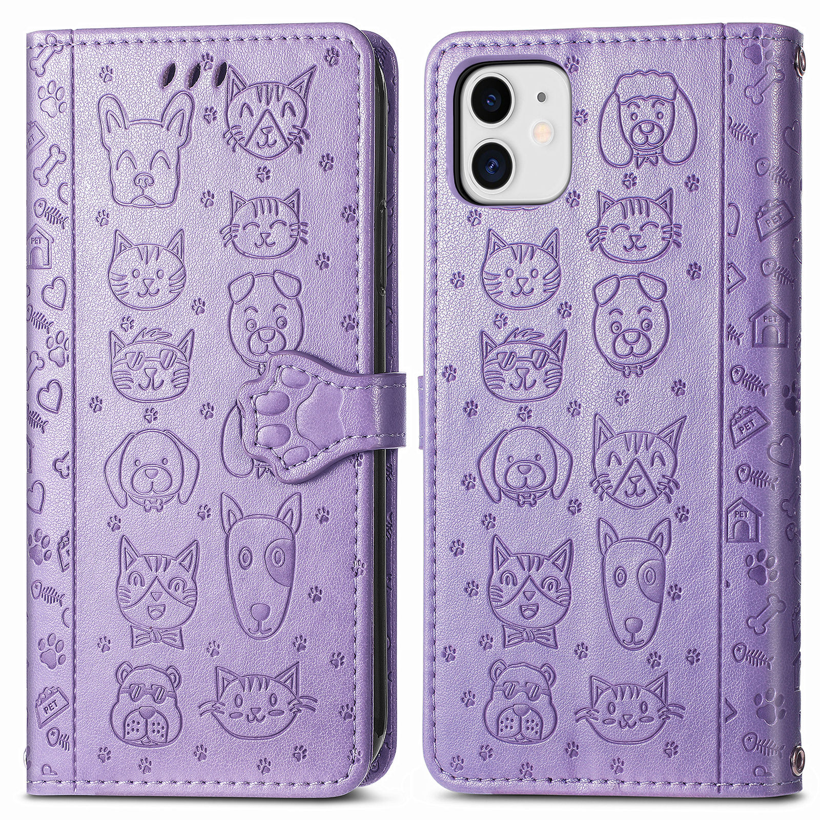 

PU Leather Stand Case [Imprinting Cat Dog Pattern Design] for iPhone 12 mini - Purple, iPhone 12 mini
