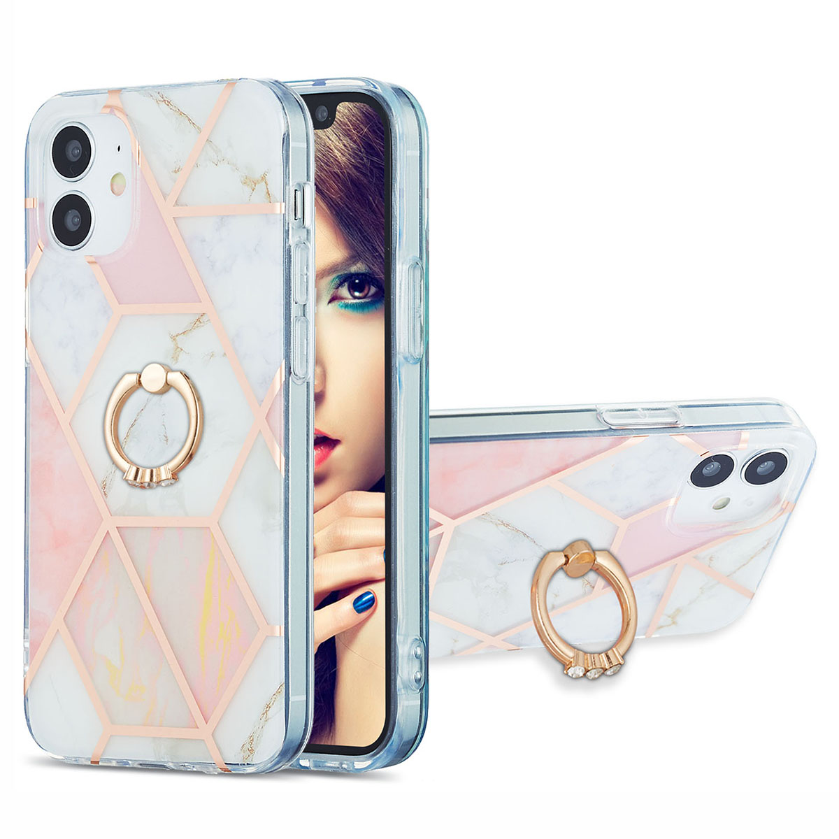 

Marble Pattern Phone Case 2.0mm IMD IML Electroplating TPU Cover with Finger Ring Kickstand for iPhone 12 mini - Pink/White, iPhone 12 mini