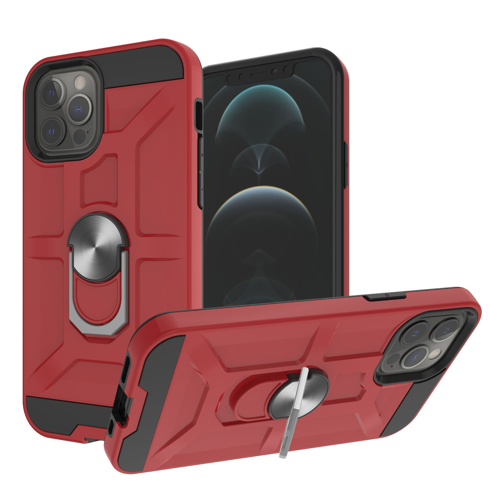 

Finger Ring Kickstand Design 2-in-1 Hybrid Phone Case PC + TPU Combo Cover for iPhone 12/12 Pro - Red, iPhone 12
