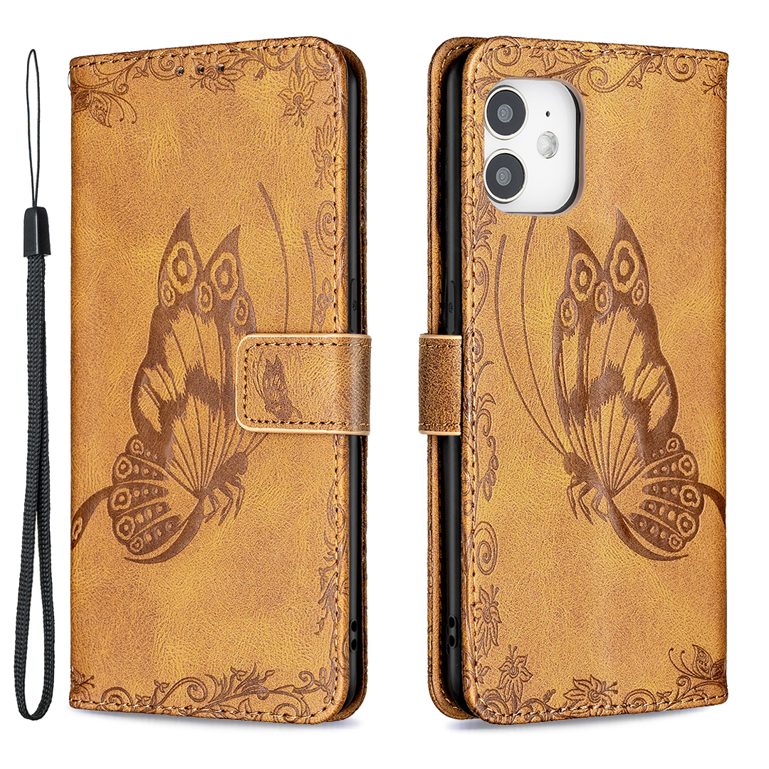 

Imprint Butterfly Flower Wallet Leather Phone Case for iPhone 12 mini - Brown, iPhone 12 mini