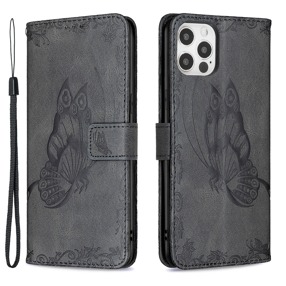 

Imprint Butterfly Flower Wallet Leather Stand Case for iPhone 12 Pro - Black, iPhone 12 Pro