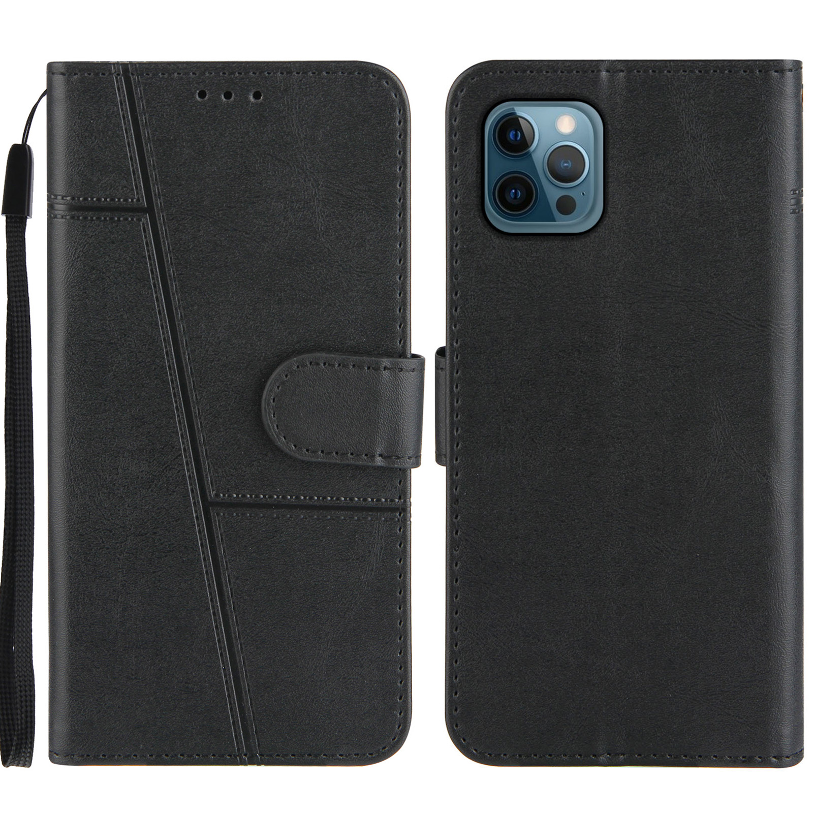 

Concise Leather Phone Cover Wallet Case with Stand and Strap for iPhone 12 Pro Max - Black, iPhone 12 Pro Max