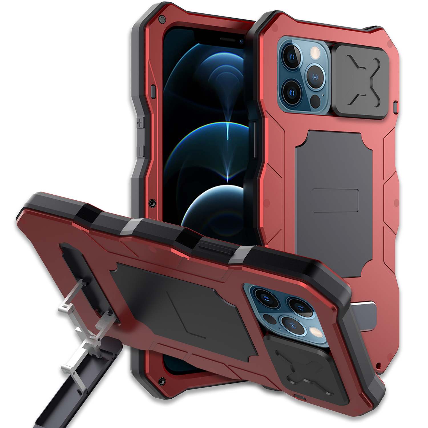 

Metal Hybrid Protector Case + Tempered Glass Film with Lens Cover for iPhone 12 Pro Max - Red, iPhone 12 Pro Max