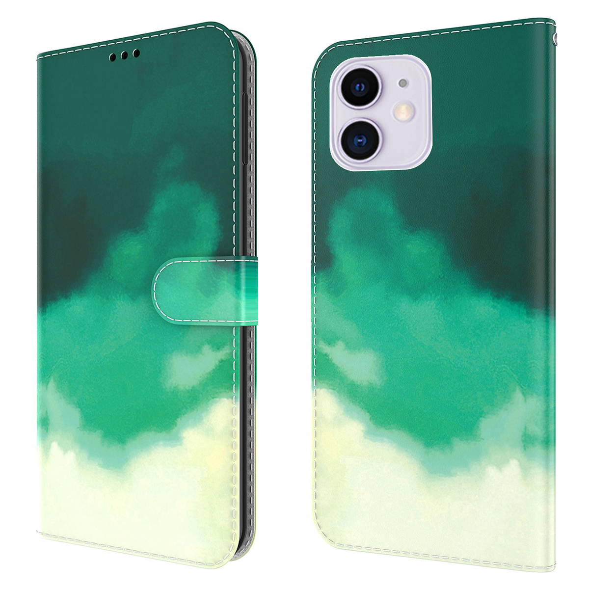 

Well-Protected Watercolor Pattern Stand Wallet Design Leather Phone Case for iPhone 12 mini - Green, iPhone 12 mini