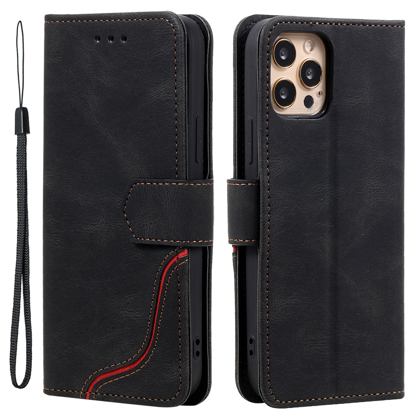 

Tri-Color Splicing Skin-Touch Country STAND COOLET CASE PU Кожаная Оболочка С Ручным Ремешком Для IPhone 12 / 12 Про - Чернить, iPhone 12