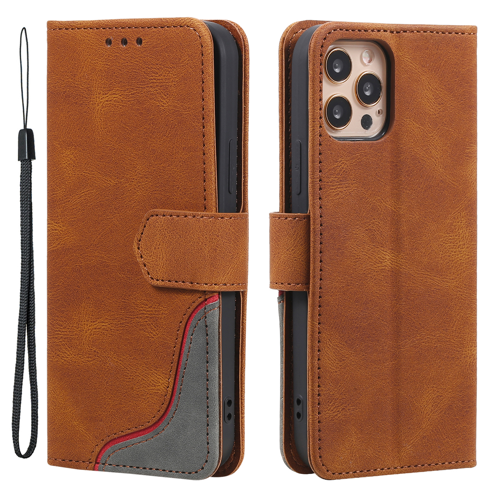 

Tri-Color Splicing Skin-Touch Country STAND COOLET CASE PU Кожаная Оболочка С Ручным Ремешком Для IPhone 12 / 12 Про - Коричневый, iPhone 12