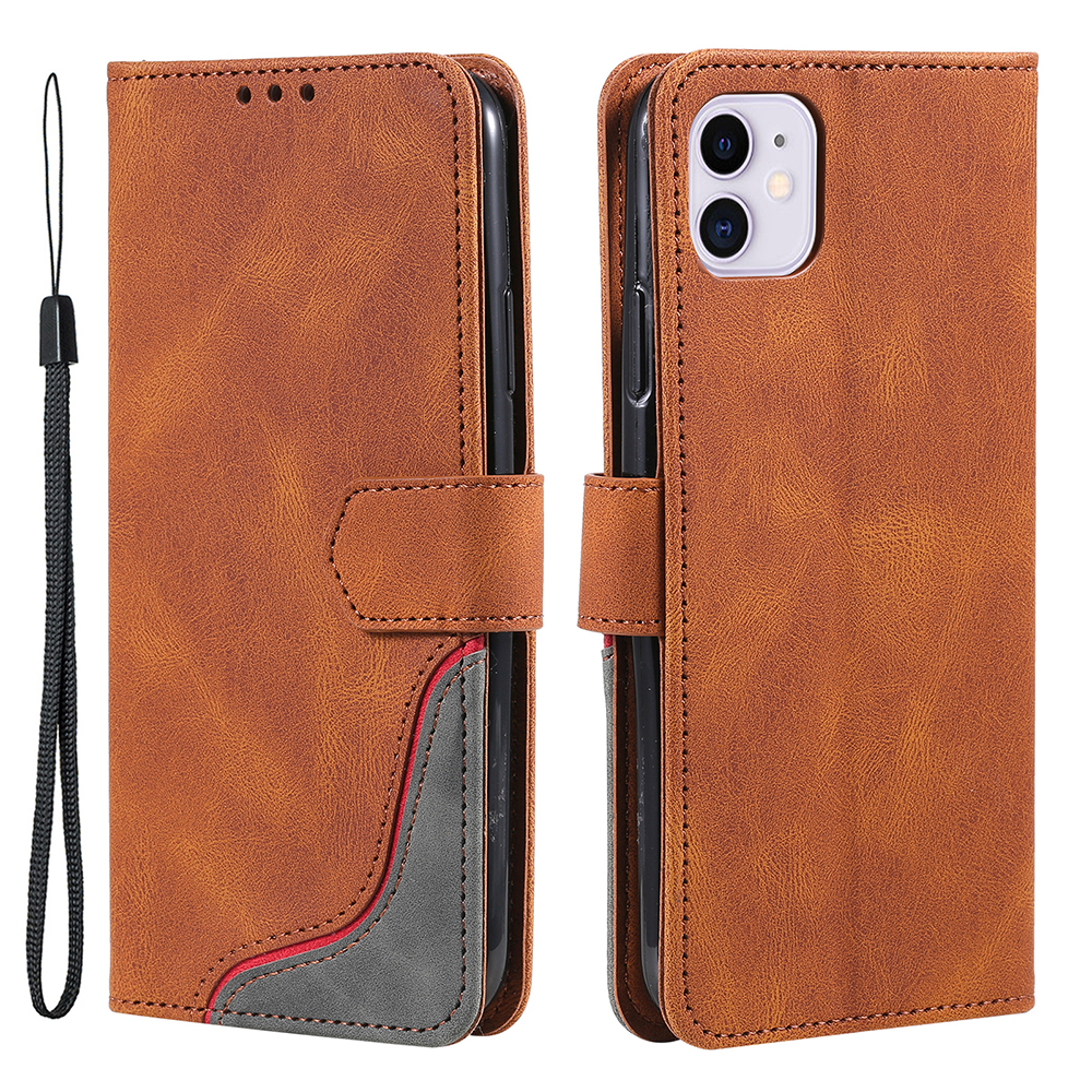 

Tri-color Splicing Skin-touch Feeling PU Leather Wallet Case Magnetic Clasp Cellphone Cover for iPhone 12 mini 5.4 inch - Brown, iPhone 12 mini