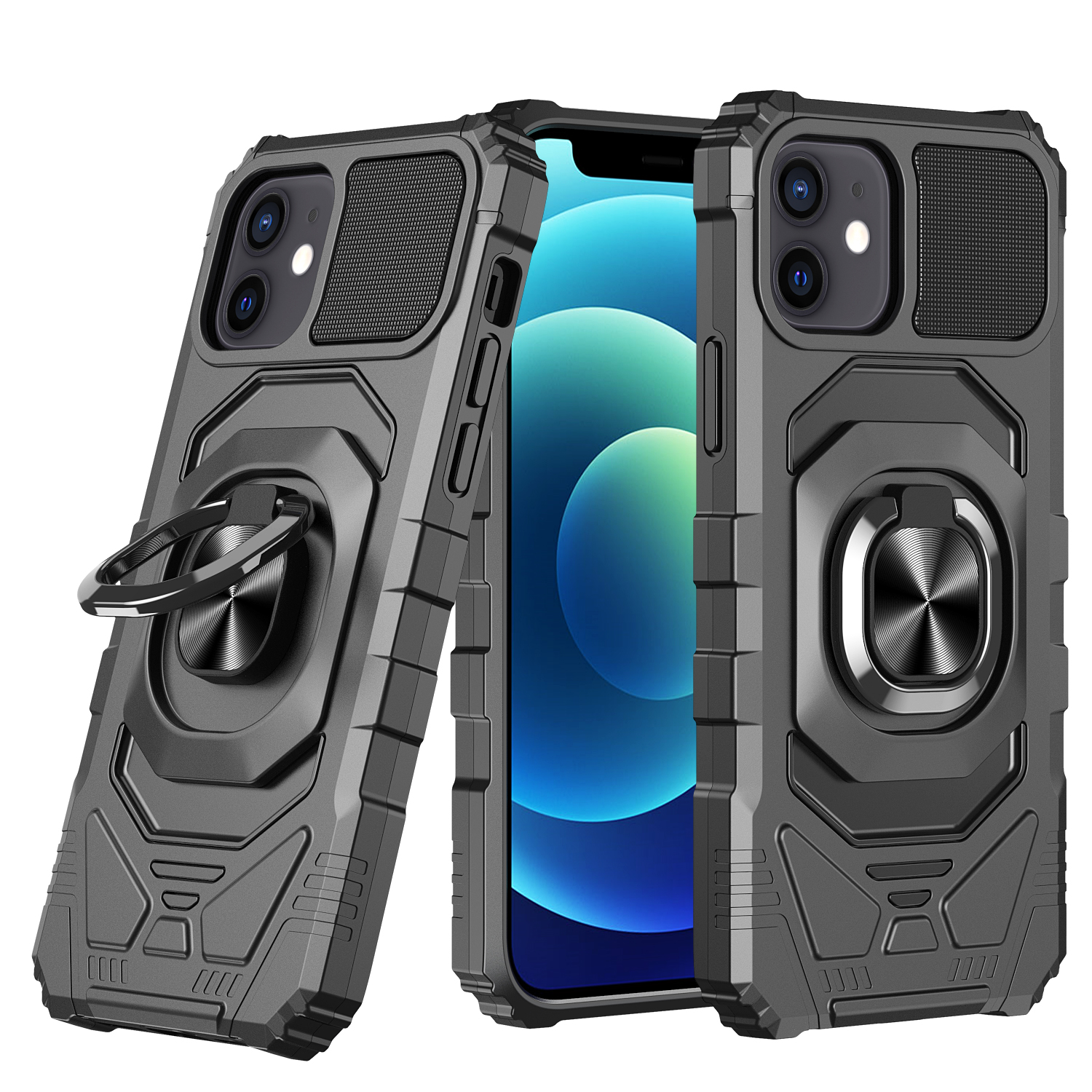 

Степени PC + TPU Гибридный Чехол С Держателем Кольца Для IPhone 12 Mini - Чернить, iPhone 12 mini