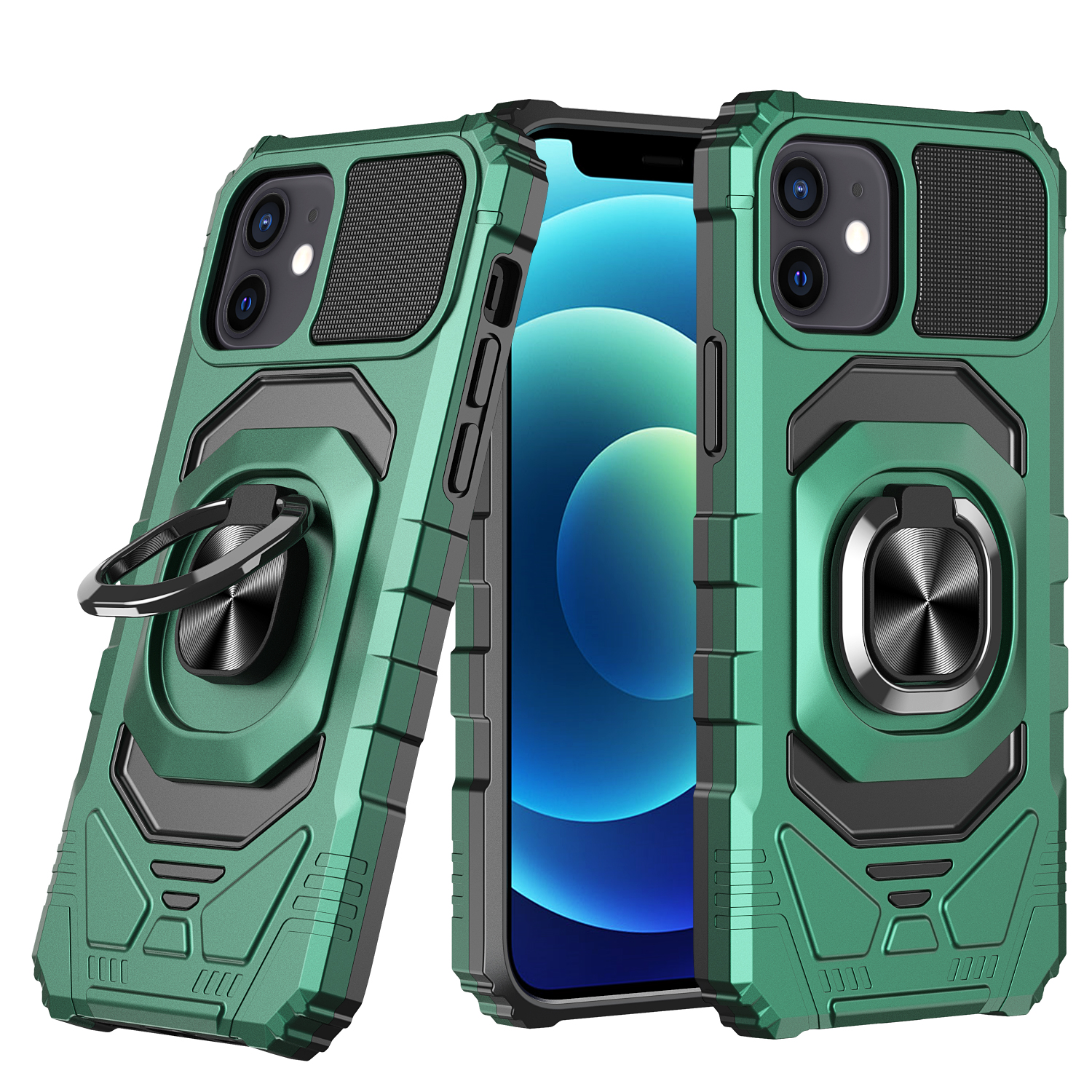 

Shockproof PC + TPU Hybrid Case Cover with Ring Holder Kickstand for iPhone 12 mini - Dark Green, iPhone 12 mini