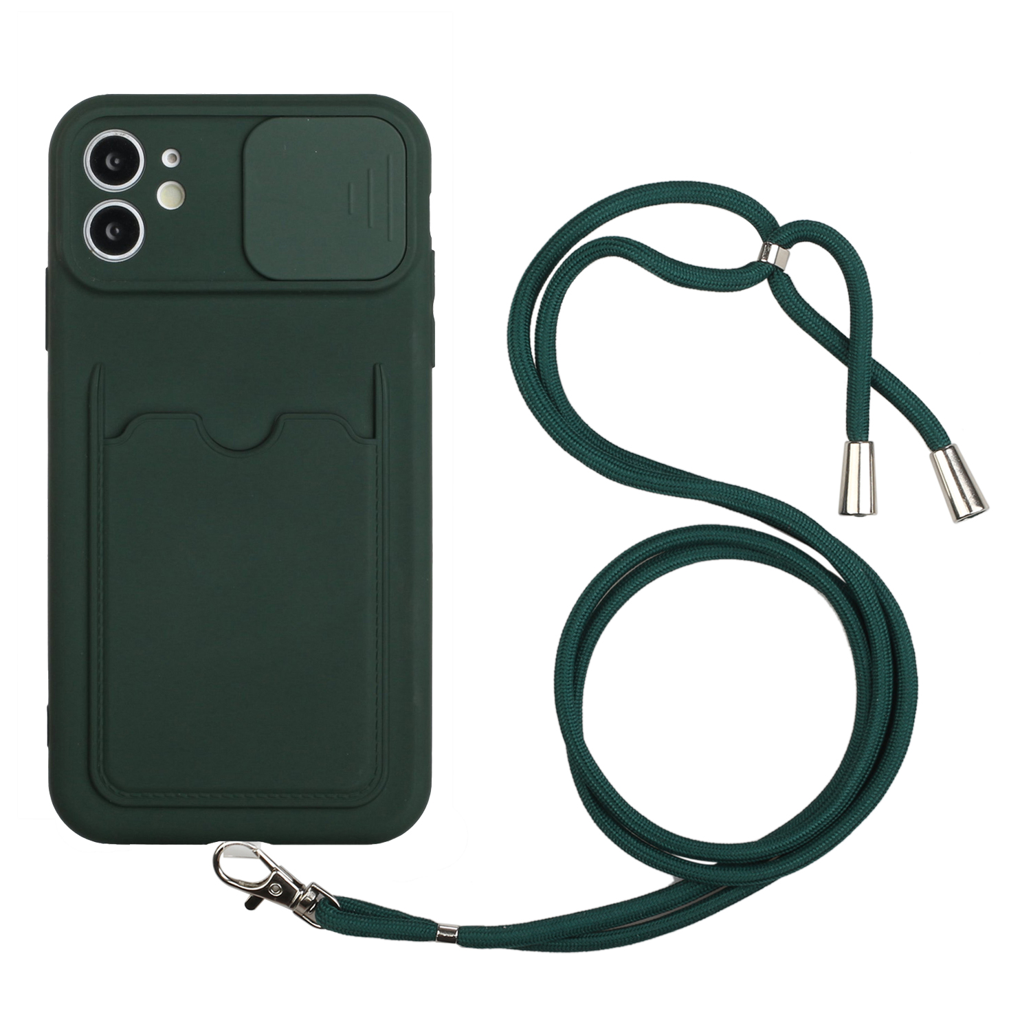 

Skin-friendly TPU Card Holder Camera Protect Slide Cover Shockproof Case with Lanyard for iPhone 11 6.1 inch - Dark Green, iPhone 11 6.1 inch