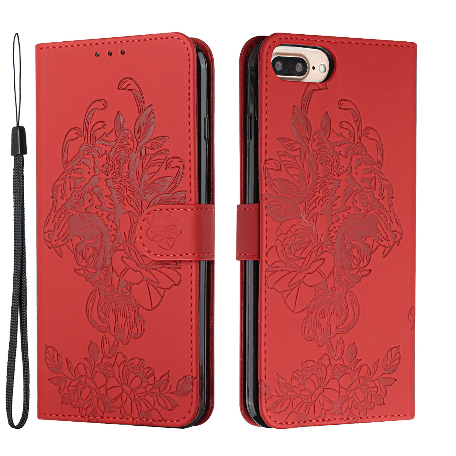 

Tiger and Flower Imprint Full Bumper Frame Leather Mobile Phone Case for iPhone 6 Plus/6s Plus/7 Plus/8 Plus 5.5 inch - Red, iPhone 8 Plus 5.5 inch