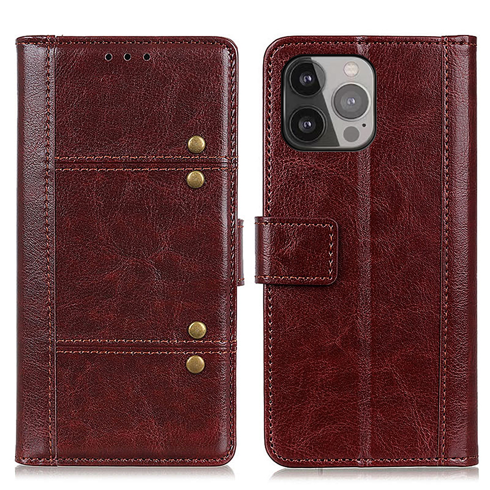 

Wallet Design Shockproof Crazy Horse Texture Rivet Decor Leather Stand Case for iPhone 13 Pro Max 6.7-inch - Brown, iPhone 13 Pro Max