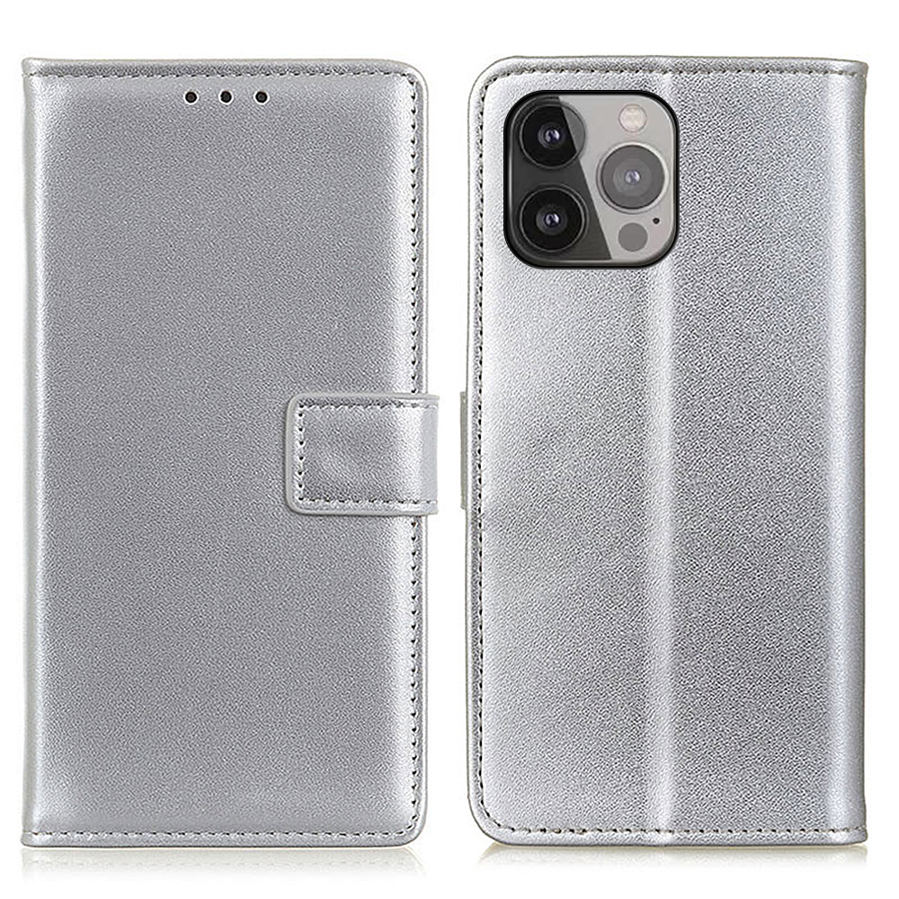 

Shockproof Leather Stand Wallet Design Phone Case Shell for iPhone 13 Pro Max 6.7 inch - Silver, iPhone 13 Pro Max