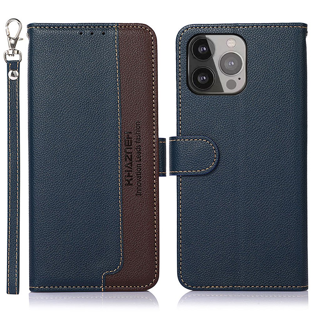 

KHAZNEH Litchi Texture Bi-color PU Leather Wallet Phone Stand Case Shell with Anti-theft Swiping Design for iPhone 13 Pro Max 6.7 inch - Blue, iPhone 13 Pro Max
