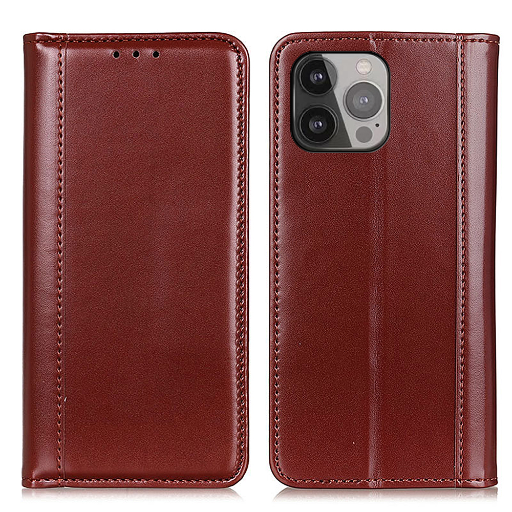

Automatic Suction Pearl Grain Leather Folio Wallet Phone Case for iPhone 13 Pro Max 6.7 inch - Brown, iPhone 13 Pro Max