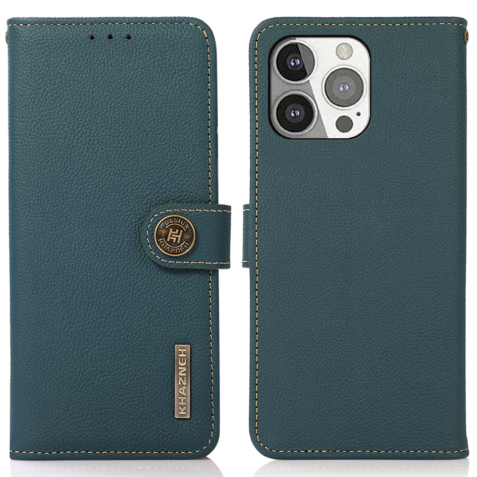 

KHAZNEH Genuine Leather Anti-theft Swiping Design Wallet Phone Case Stand Shell for iPhone 13 Pro 6.1 inch - Green, iPhone 13 Pro