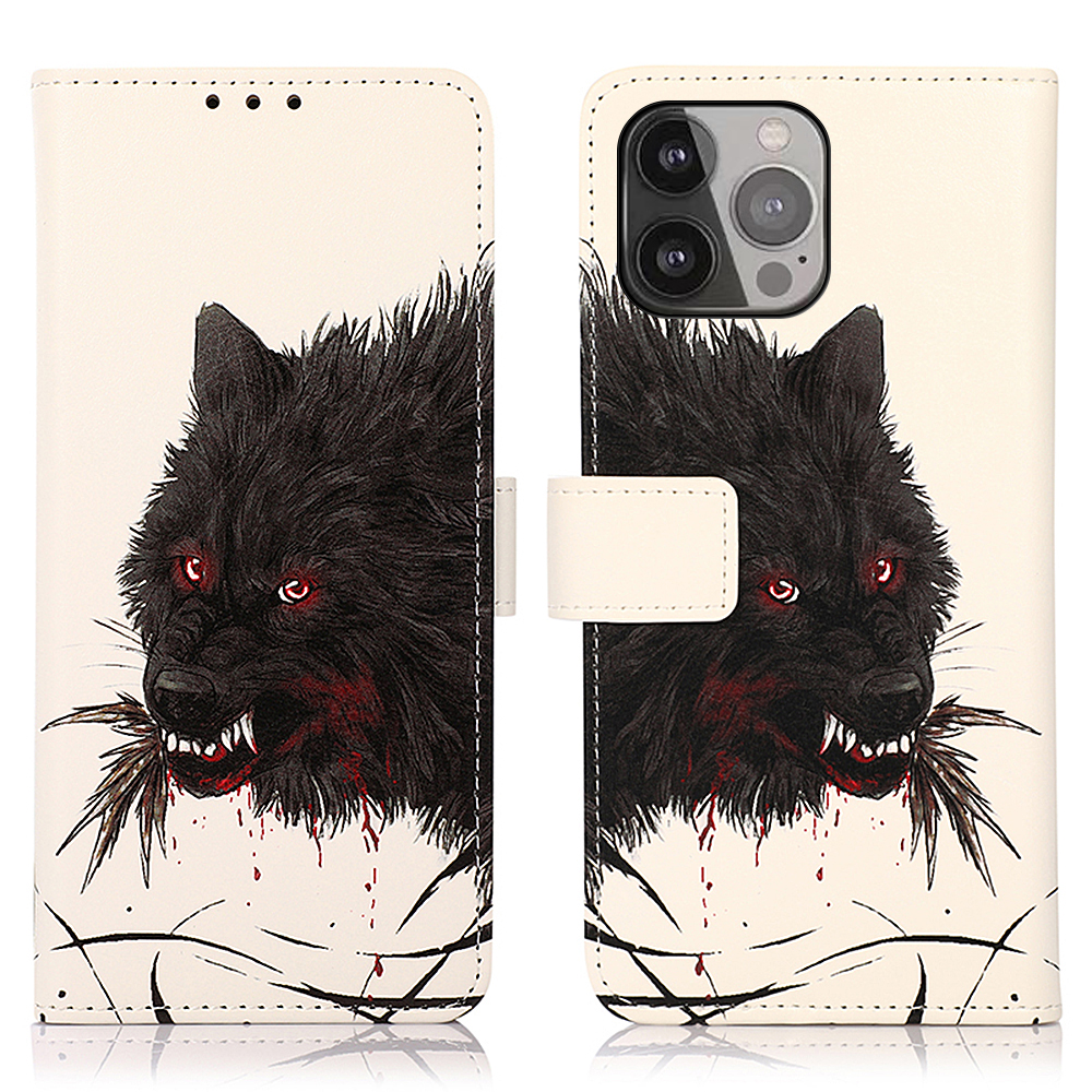 

Drop-Proof Pattern Printing Leather Protector Wallet Design Stand Cover for iPhone 13 Pro Max 6.7 inch - Bloody Wolf, iPhone 13 Pro Max