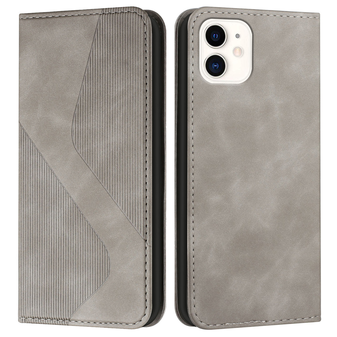 

S-shaped Skin-touch Magnetic Auto-absorbed Phone Cover Stand Leather Wallet Case for iPhone 12 mini 5.4 inch - Grey, iPhone 12 mini