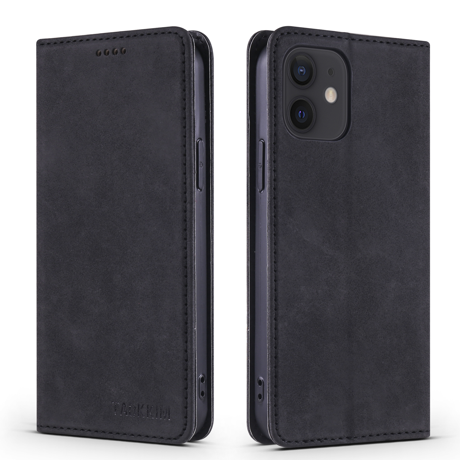 

TAOKKIM Well-protected Vintage Style Leather Phone Case Cover for iPhone 12 mini 5.4 inch - Black, iPhone 12 mini