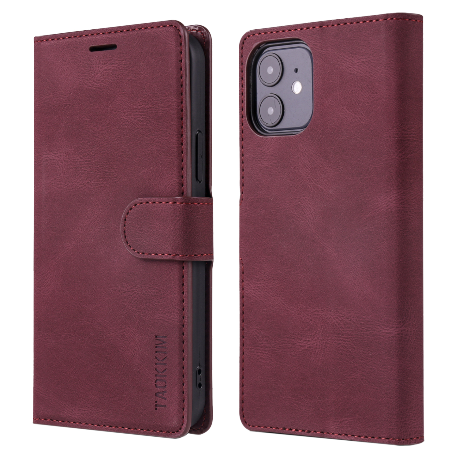 

TAOKKIM Wallet Leather Protective Case Mobile Phone Cover with Stand for iPhone 12 mini 5.4 inch - Wine Red, iPhone 12 mini