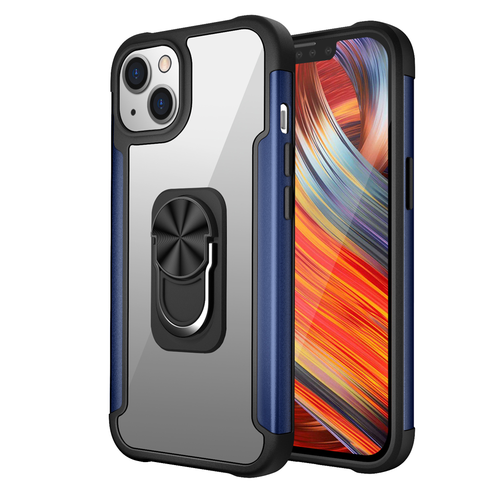 

PC + TPU Phone Case Shell with Finger Ring Kickstand and Built-in Magnetic Sheet for iPhone 13 6.1 inch - Blue, iPhone 13