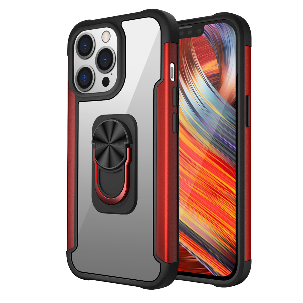 

Встроенный Магнитный Лист Дизайн пк + TPU Hybrid Case Phone Shell с Подставкой Для Кольца Пальца Для Iphone 13 Pro 6,1 Дюйма - Красный, iPhone 13 Pro