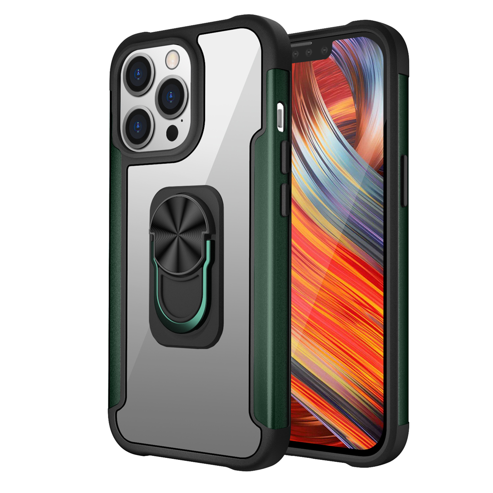 

Встроенный Магнитный Лист Дизайн пк + TPU Hybrid Case Phone Shell с Подставкой Для Кольца Пальца Для Iphone 13 Pro 6,1 Дюйма - Зеленый, iPhone 13 Pro