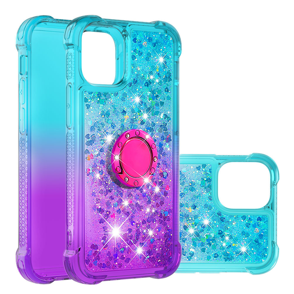

Full-Body Shockproof Glitter Liquid Gradient Quicksands Flowing Sparkle TPU Bumper Ring Kickstand Case for iPhone 13 Pro 6.1 inch - Sky Blue/Purple, iPhone 13 Pro