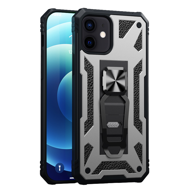 

Armor Aublics Holder Holder Kickstand PC + TPU Устойчивые Устойчивые Бамперы Для Защитных Оболочков Для IPhone 12 / 12 Про 6,1 Дюйма - Серебро, iPhone 12