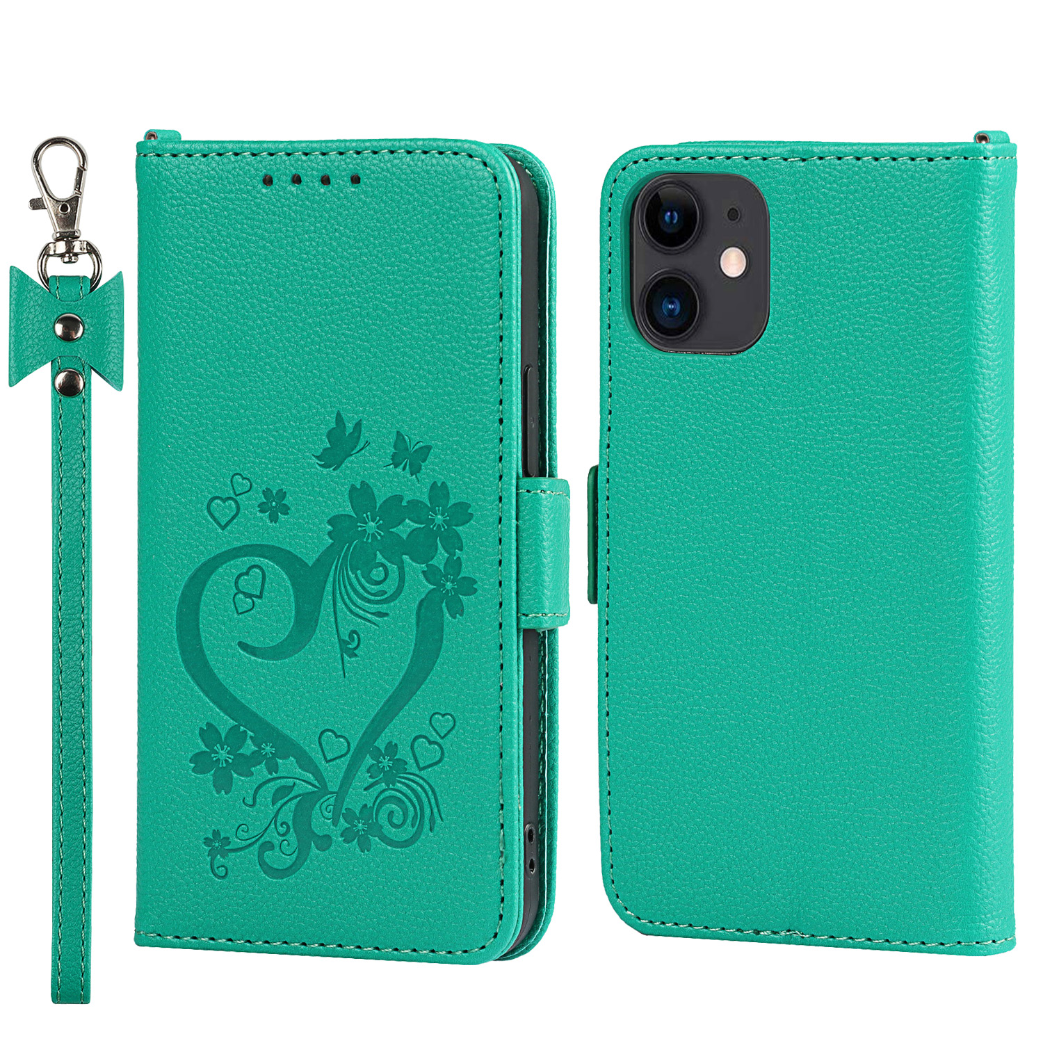 

Heart Imprint Folio Flip Leather Wallet Phone Stand Case for iPhone 12 6.1 inch - Green, iPhone 12
