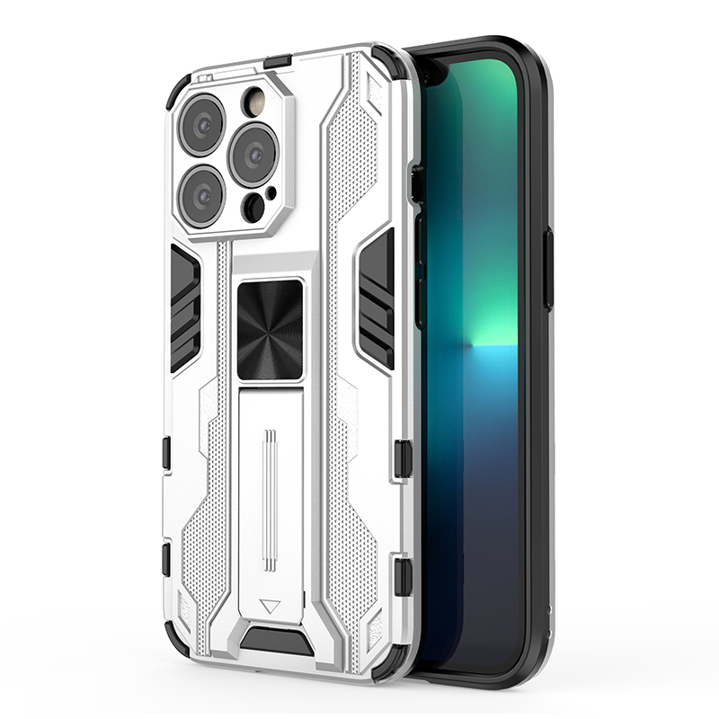 

PC + TPU Dual Layer Shock-Absorption Armor Cover Full-Body Protective Case with Kickstand for iPhone 13 Pro Max 6.7 inch - Silver, iPhone 13 Pro Max