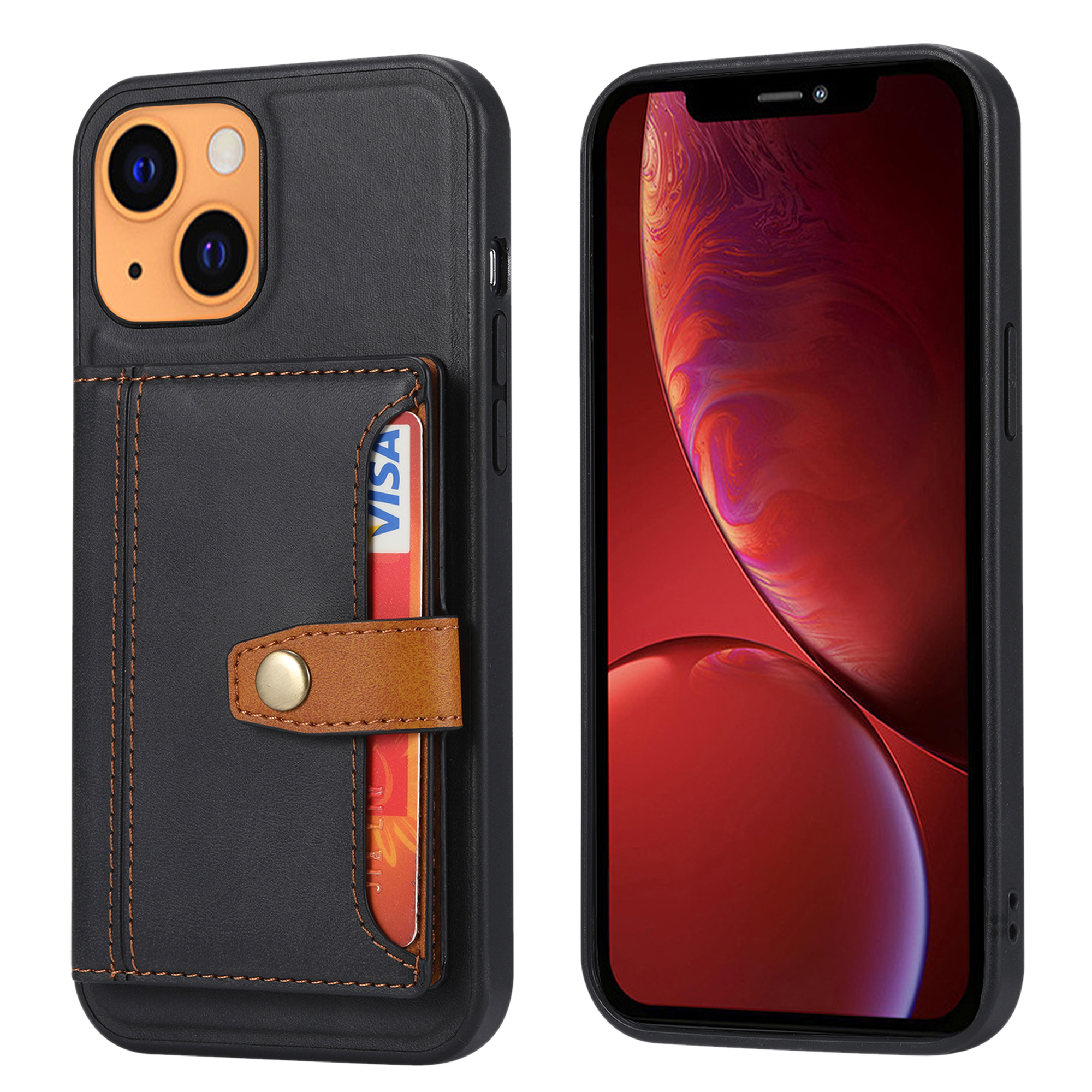 

Слоты Для Карт + Кикистовый Дизайн PU Кожи С Покрытием TPU Case Phone Для IPhone 13 6,1 Дюйма - Чернить, iPhone 13