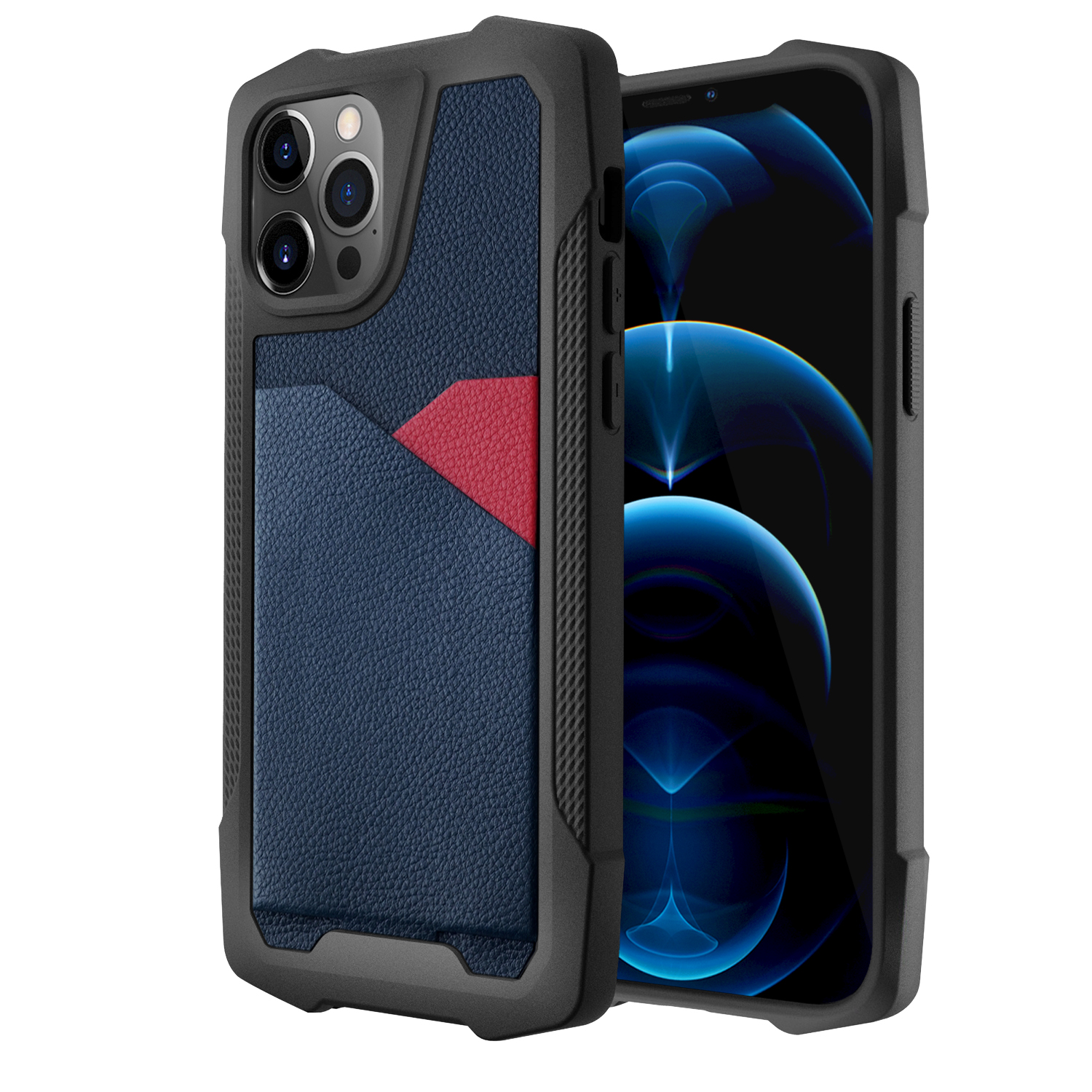 

Leather Coated PC + TPU Hybrid Phone Case with Card Holder for iPhone 12 / 12 Pro - Blue, iPhone 12