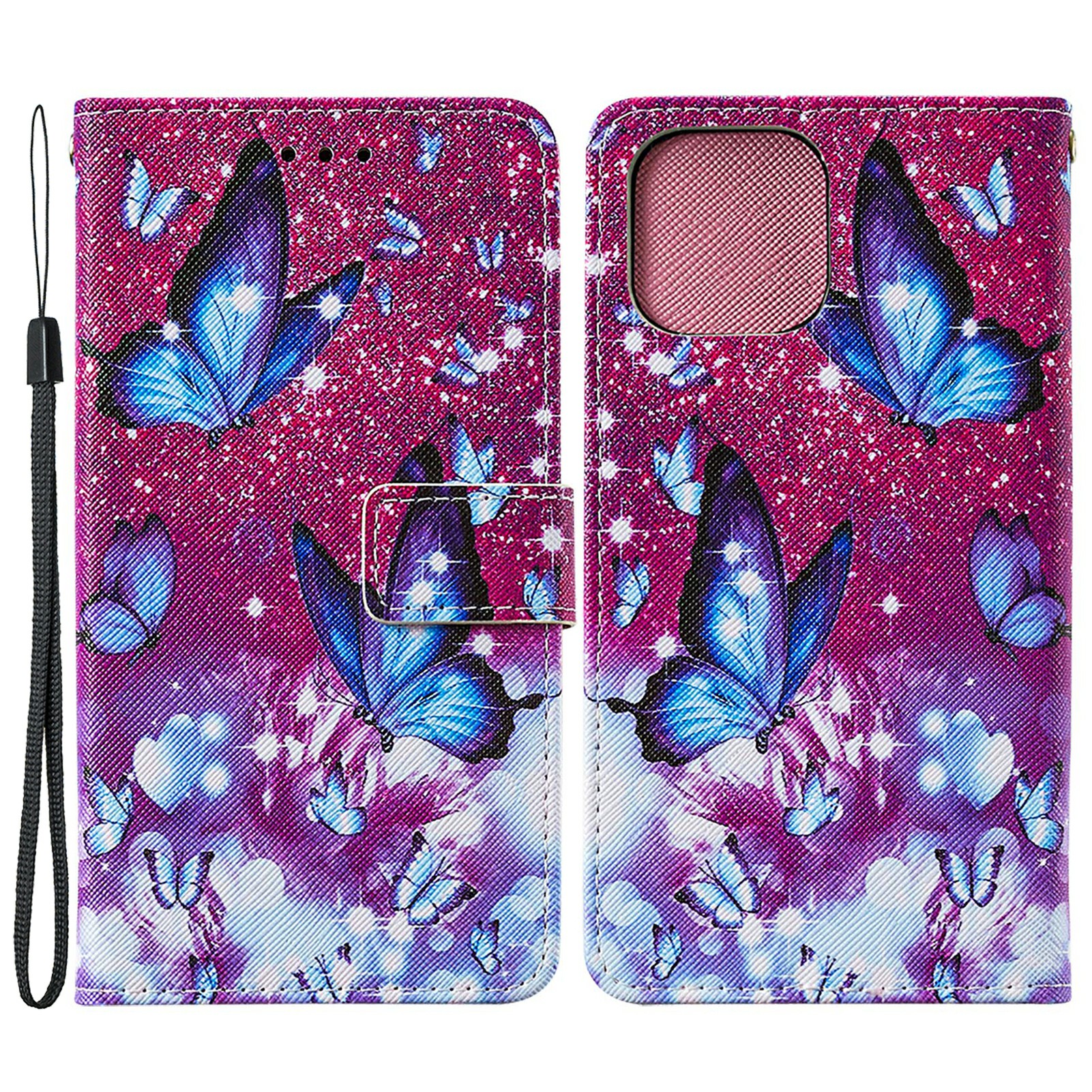 

Pattern Printing Cross Texture Premium PU Leather Wallet Folio Flip Stand Cover for Wrist Strap for iPhone 13 Pro 6.1 inch - Purple Butterflies, iPhone 13 Pro