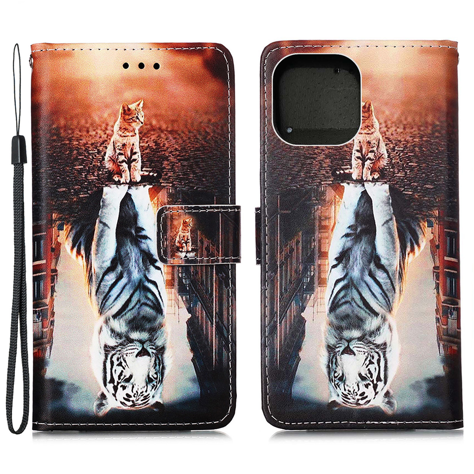 

Узор Phanter Print Waite Stand PU Кожаный Чехол Для Телефона Для IPhone 13 Pro Max 6,7 Дюйма - Тигр И Кот, iPhone 13 Pro Max